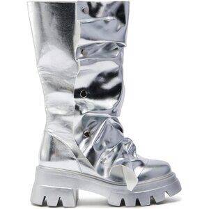 Women's Synthetic Silver Shin Metallic Chunky Sole Unique Wrinkled Long Boots